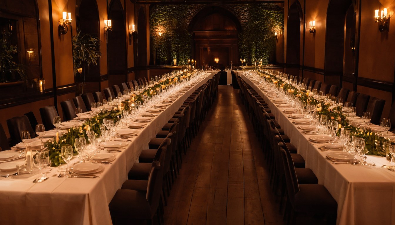 Equipo preparando el montaje de un banquete