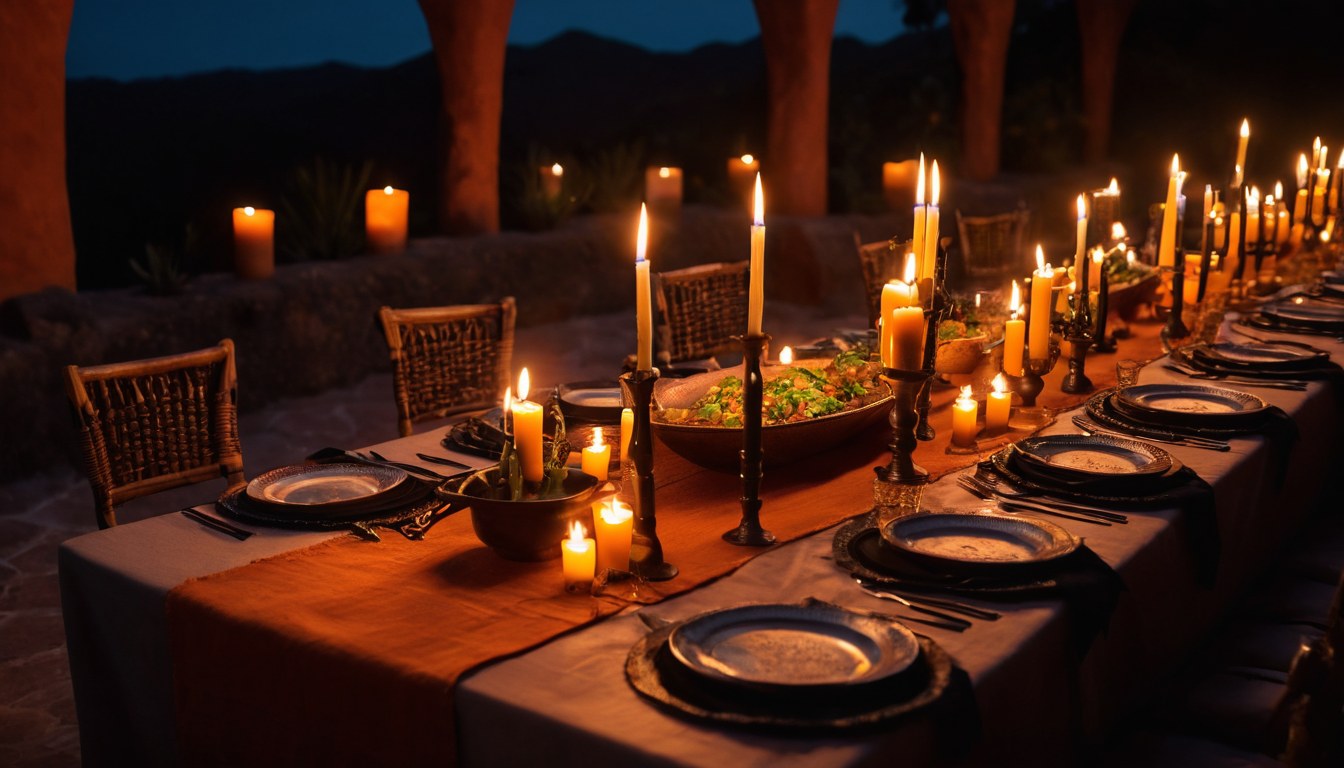 Mesa de banquete con cena servida al anochecer
