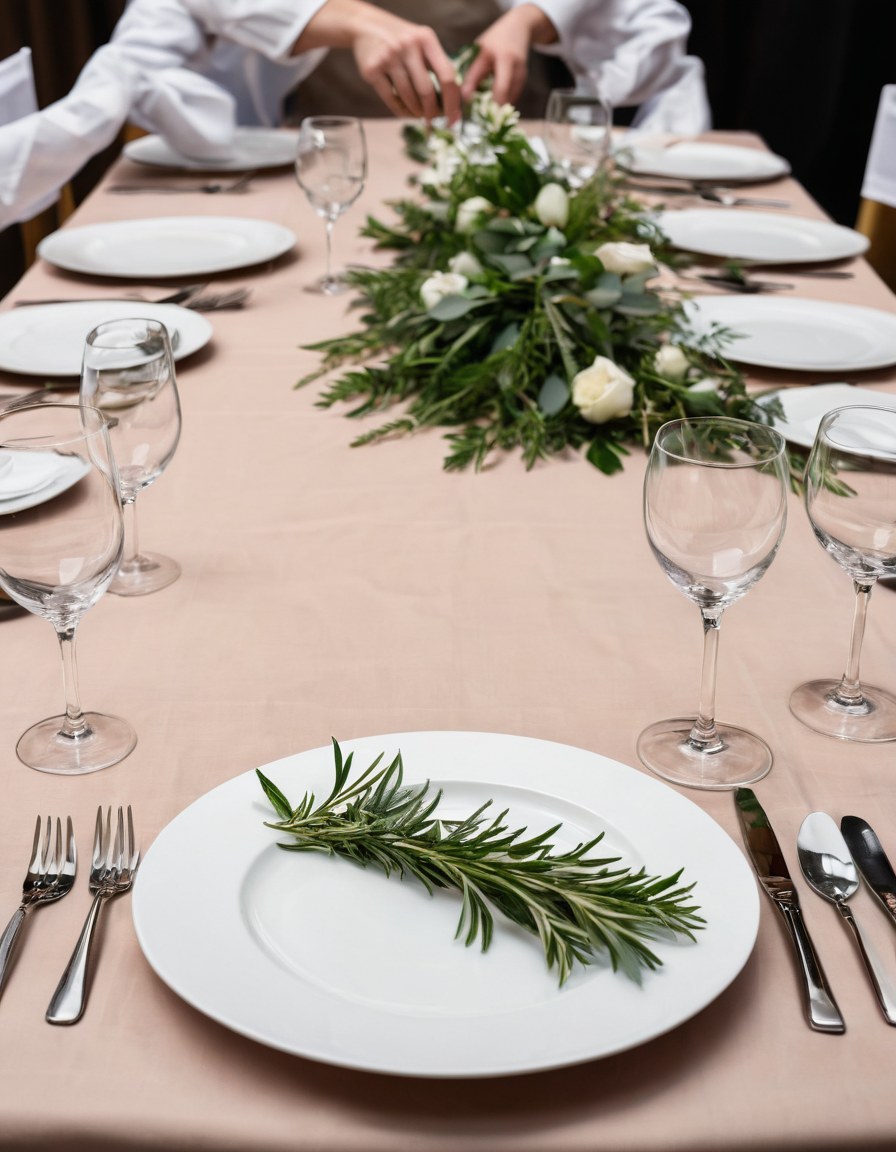 Preparación cuidadosa de una mesa para banquete
