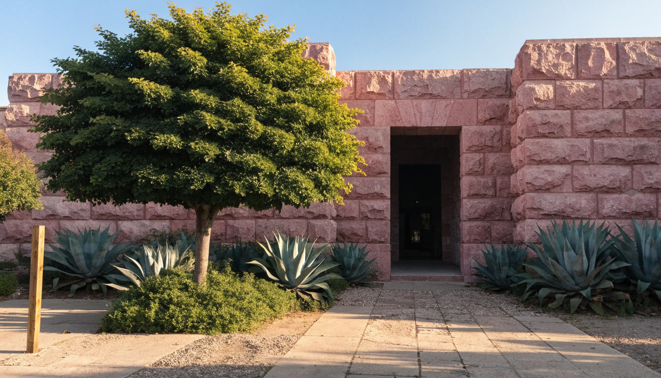 Entrada de museo de cantera rosa con patio de agaves