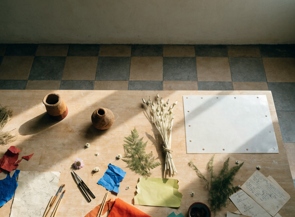 Mesa de taller con barro, flores secas, papel de colores y pinceles