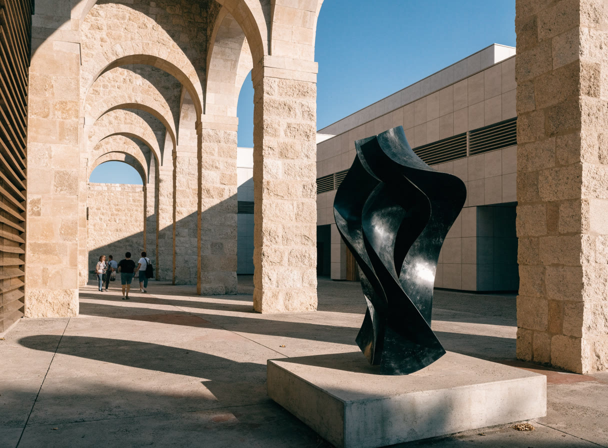 Patio de un museo con arcos de cantera y una escultura al centro