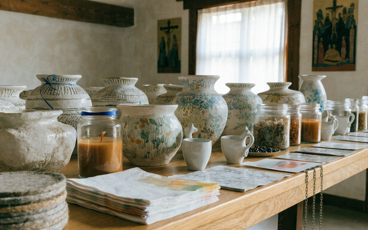 Cerámica hecha a mano, velas en frascos ámbar y papelería sobre una mesa de roble