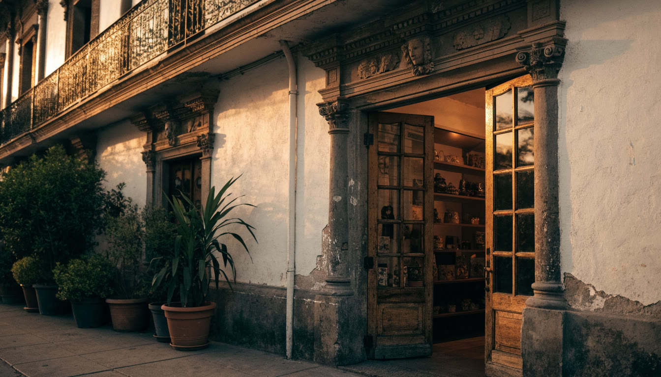 Entrada de un colectivo en una casona al atardecer, con puertas de madera abiertas y macetas