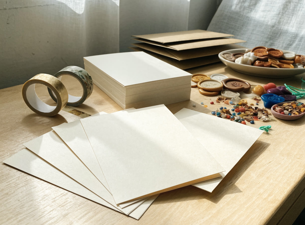 Tarjetas en blanco, cintas decorativas, sobres kraft y sellos de lacre