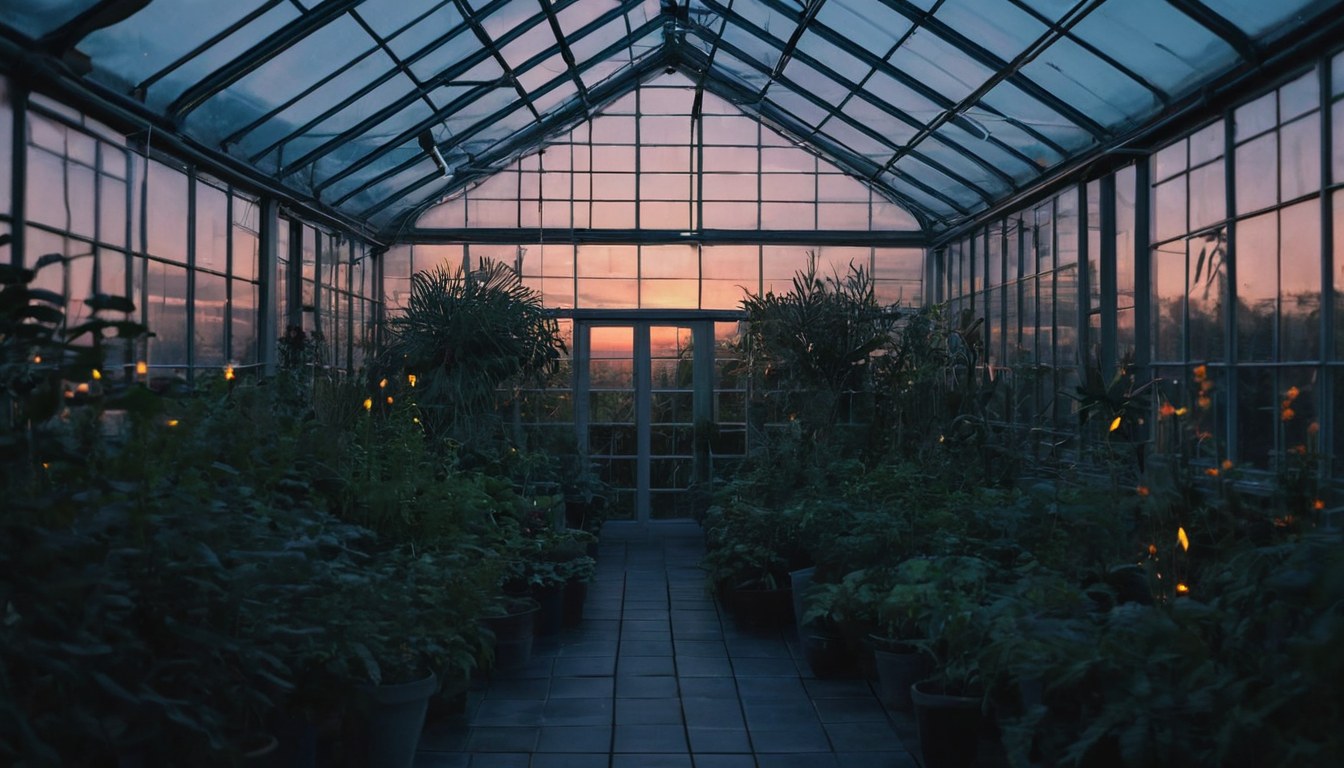 Invernadero lleno de plantas al anochecer con luz cálida adentro