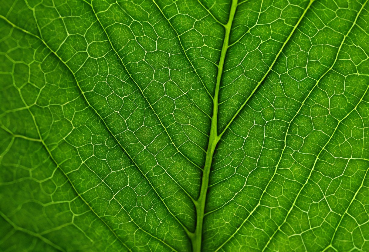 Nervaduras de una hoja verde a contraluz