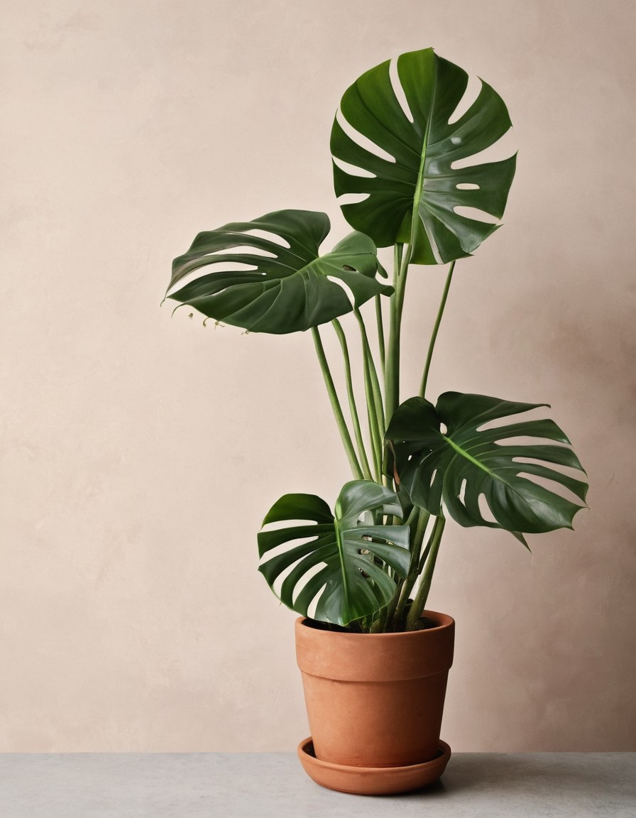 Monstera alta en maceta de barro junto a un muro claro