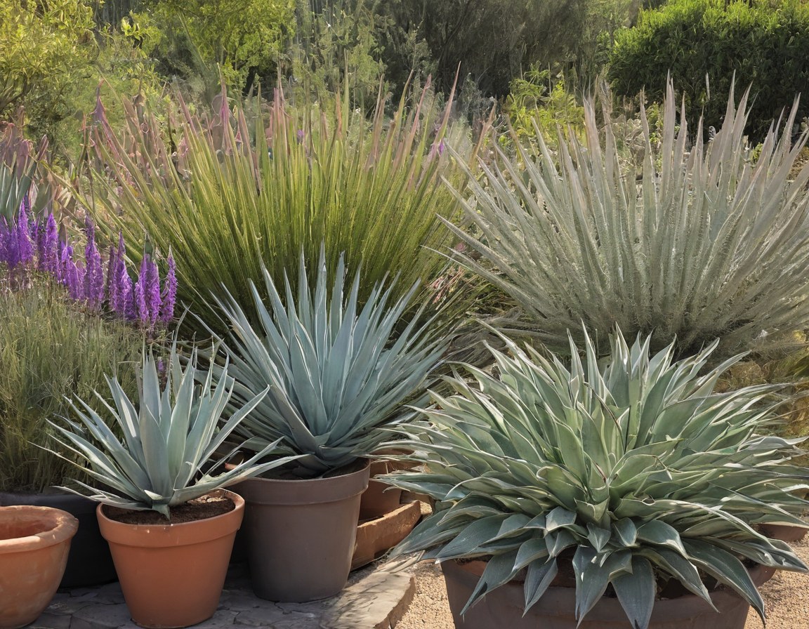 Salvias, agaves y pastos nativos en macetas al aire libre