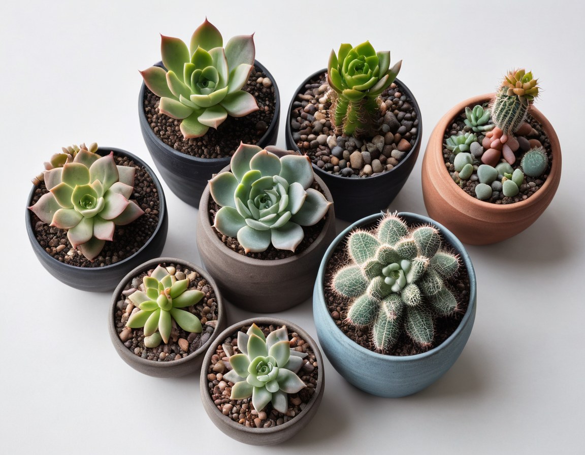 Suculentas y cactus pequeños en macetas hechas a mano