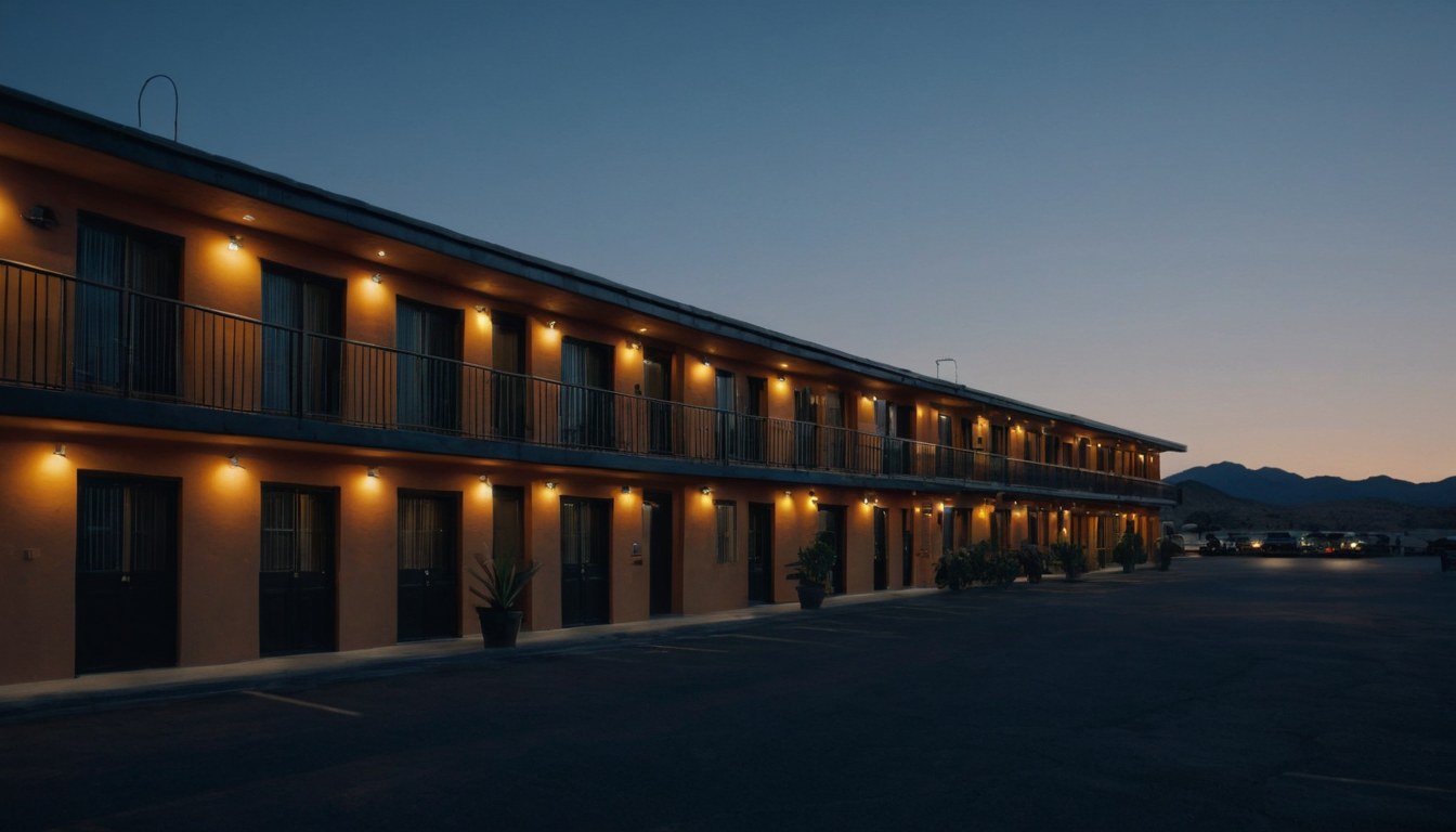 Exterior de motel con acceso iluminado en Ciudad de México