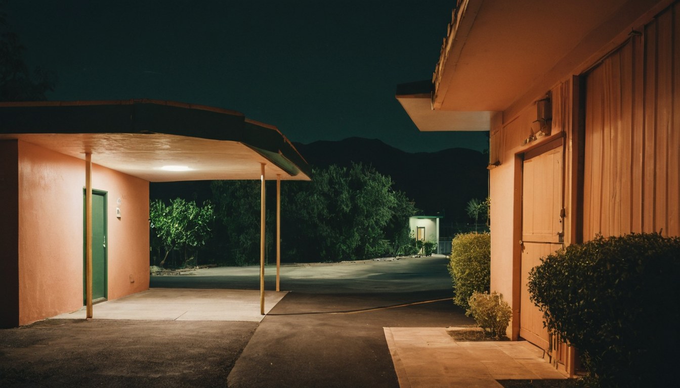 Entrada nocturna y discreta de un motel en Ciudad de México