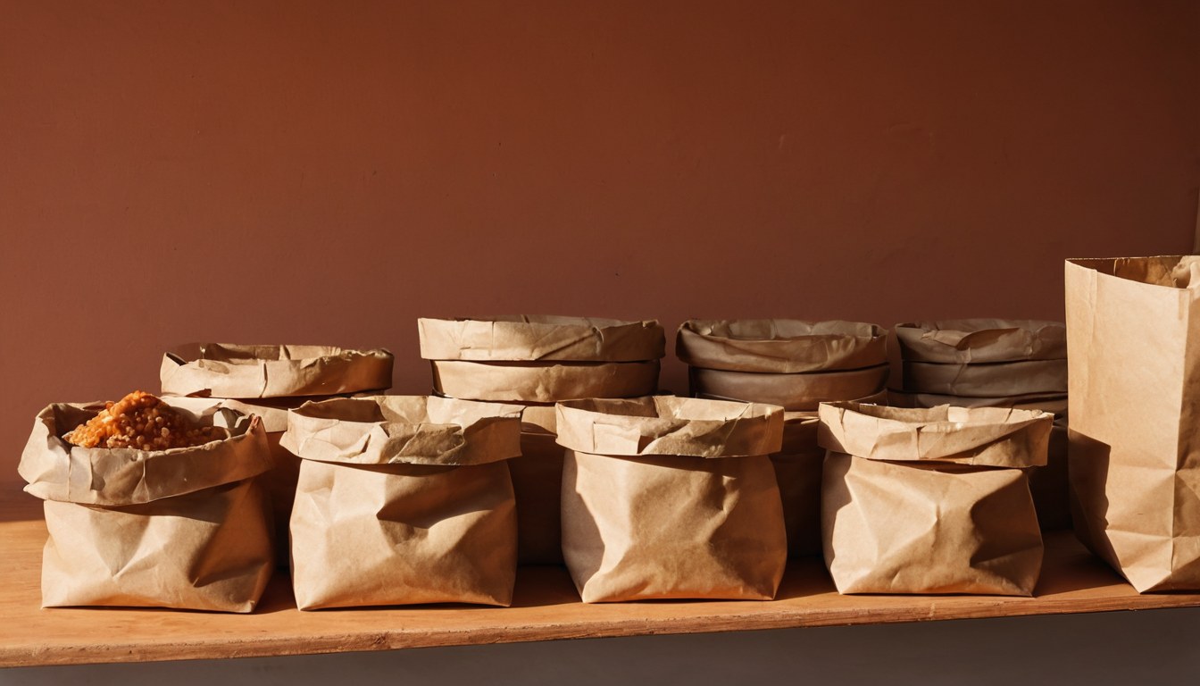 Bolsas de comida para llevar listas en el mostrador de una fonda