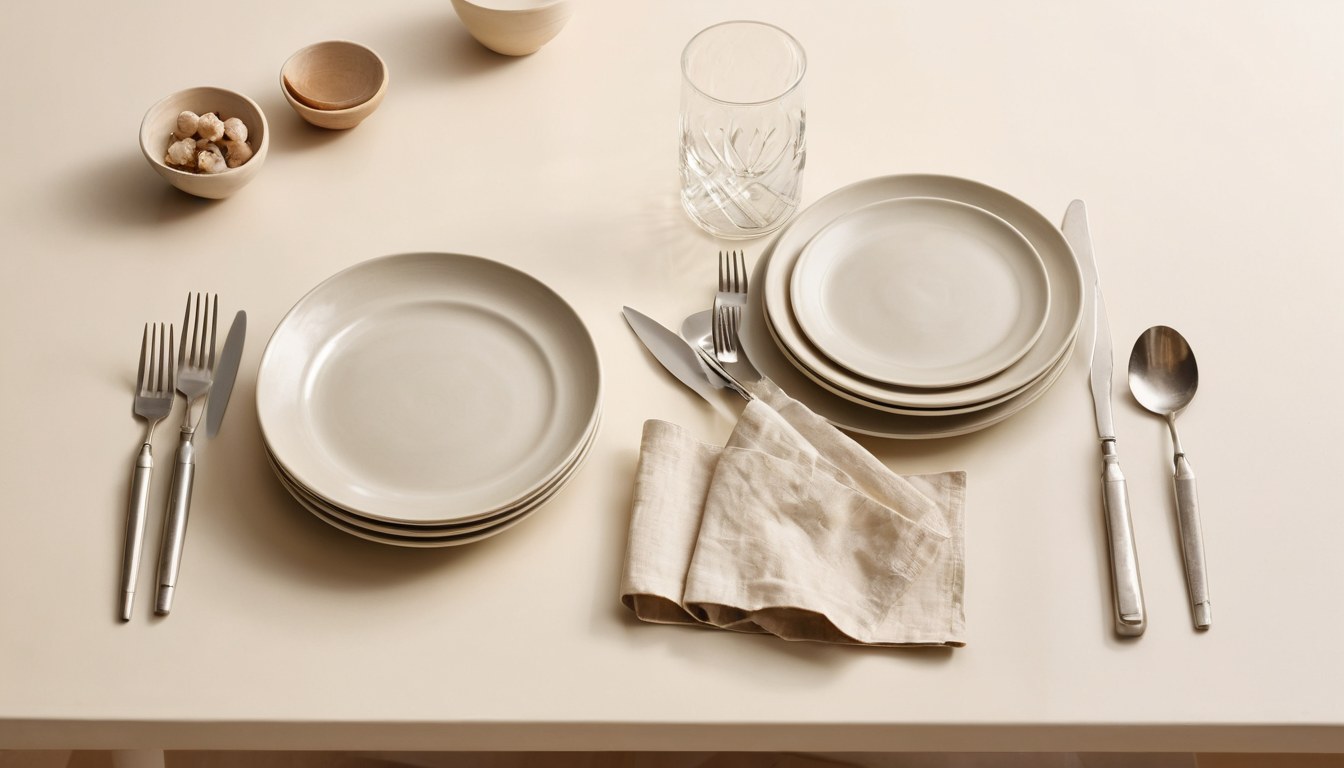Loza sencilla y cubiertos sobre mesa después del servicio