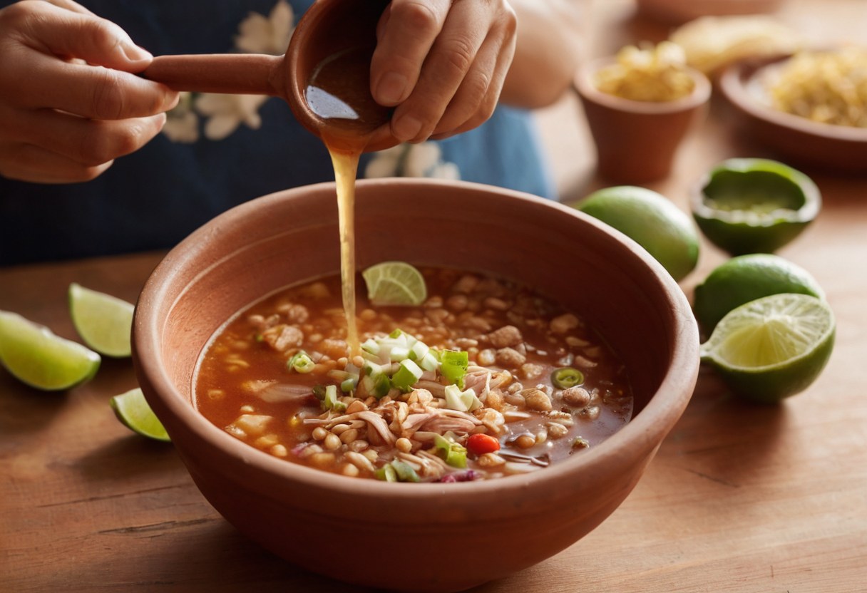 Manos sirven caldo caliente en un plato de barro