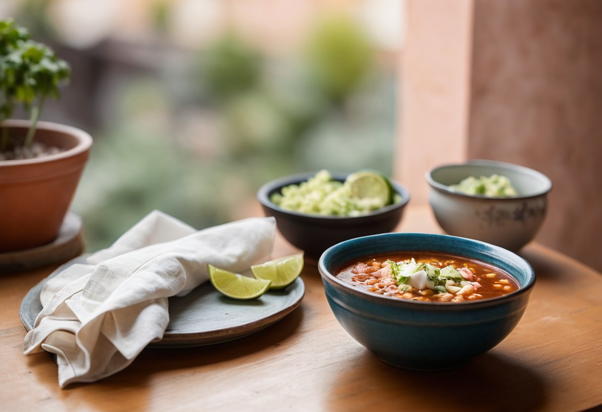 Mesa acogedora con un plato de pozole
