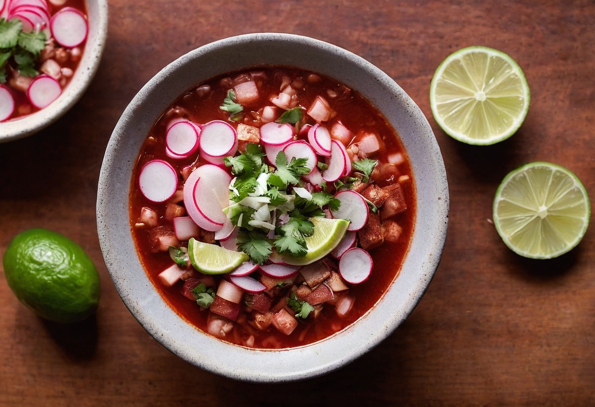 Persona agrega guarniciones a su plato de pozole