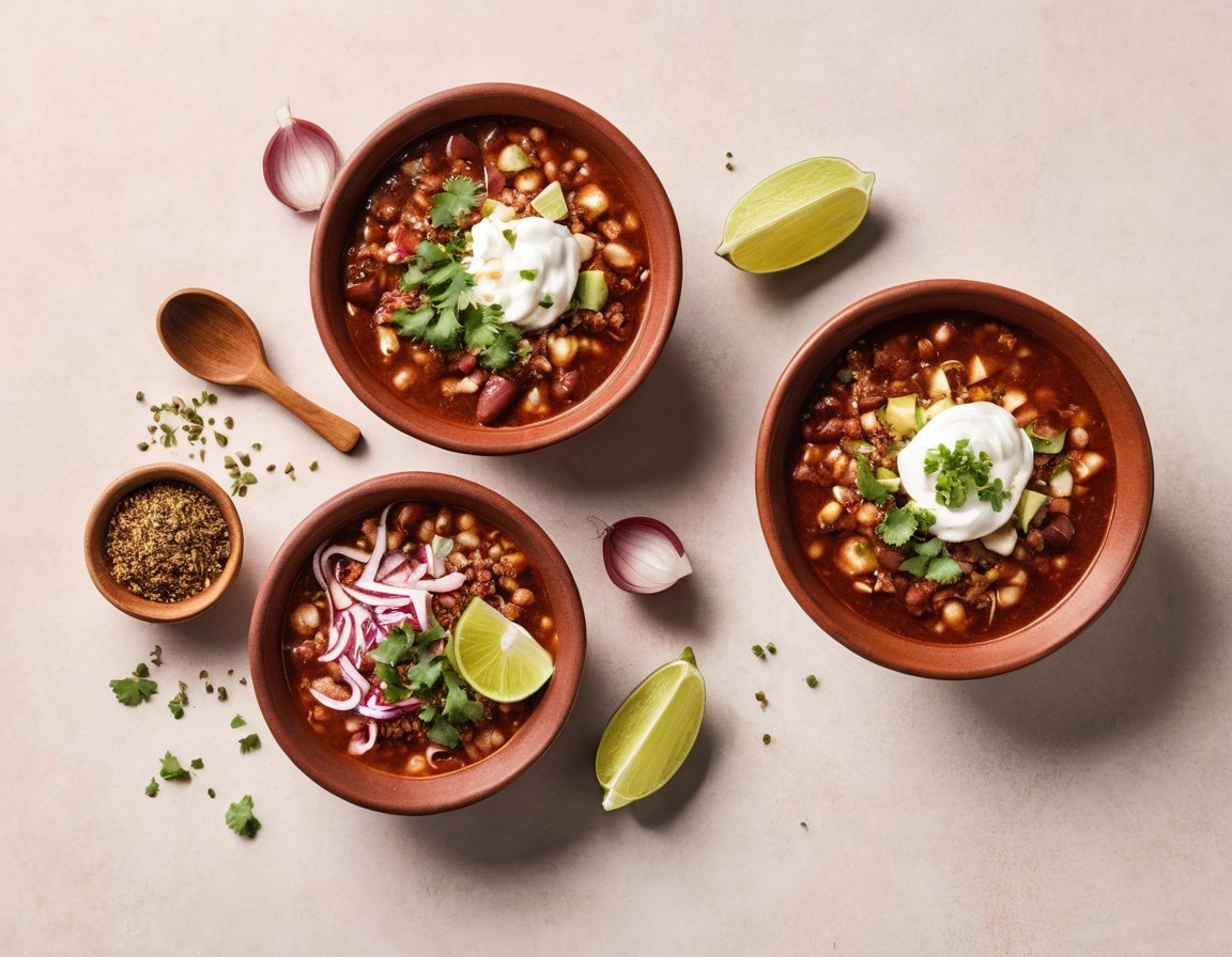 Cuencos de chile, limón, cebolla y orégano junto a pozole