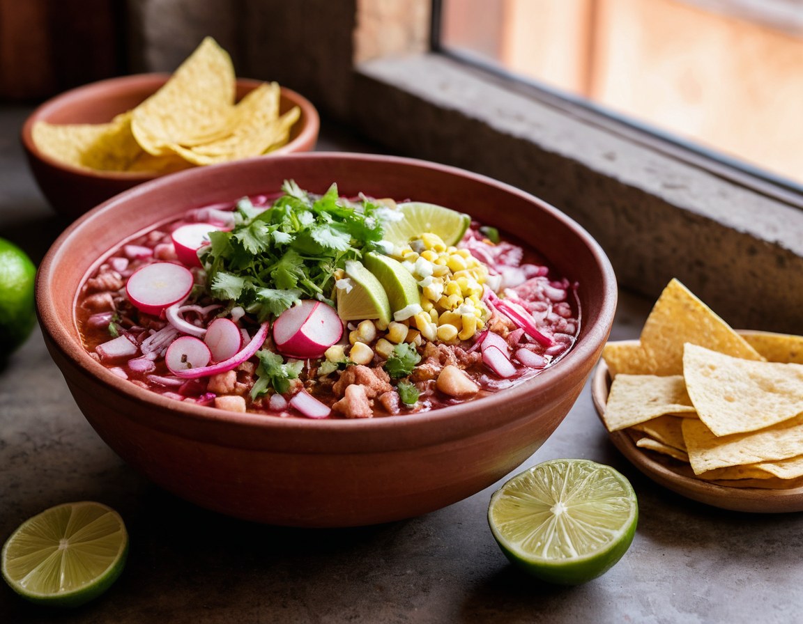 Plato completo de pozole rojo con guarniciones alrededor