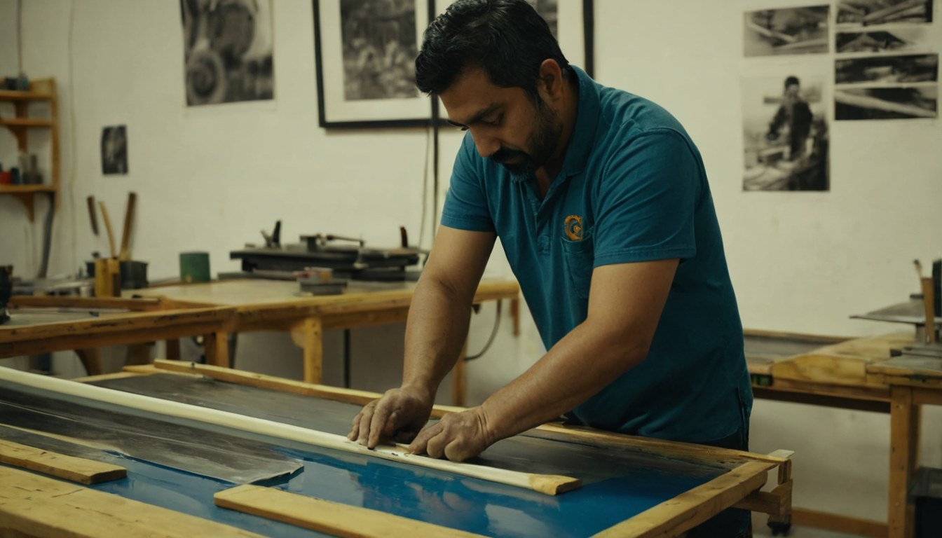 Técnico realizando serigrafía en un taller