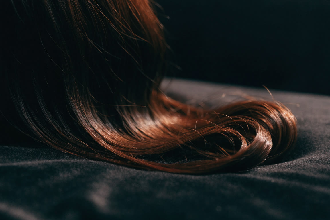 Rizos de cabello castaño sobre terciopelo oscuro