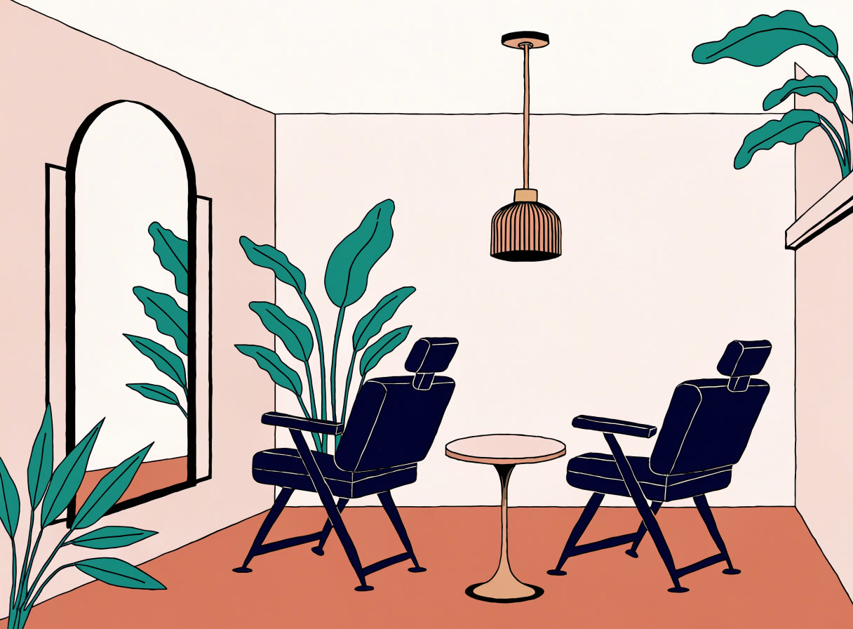 Ilustración de un estudio de cabello con espejo en arco, sillas y plantas
