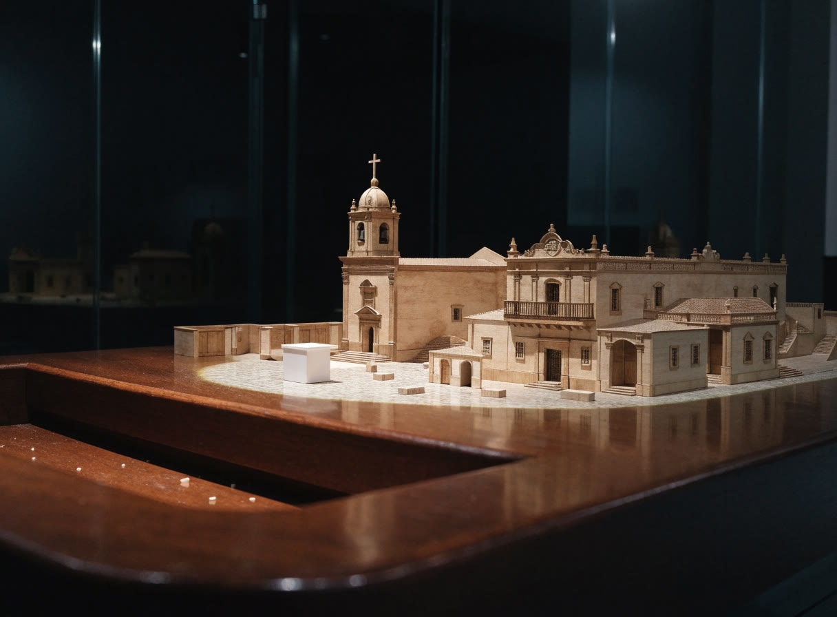 Maqueta de madera de un templo y su plaza