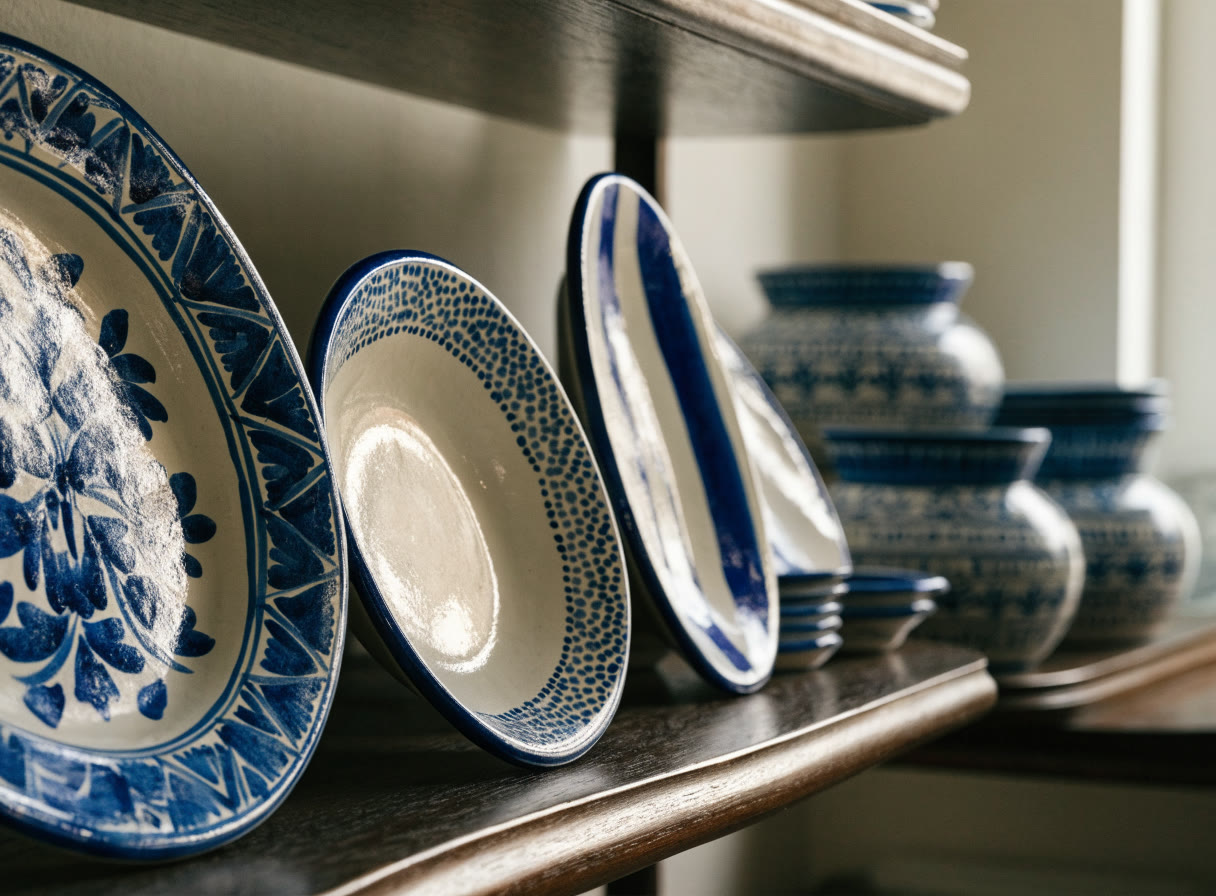 Platos y tibores de talavera azul y blanca en una repisa