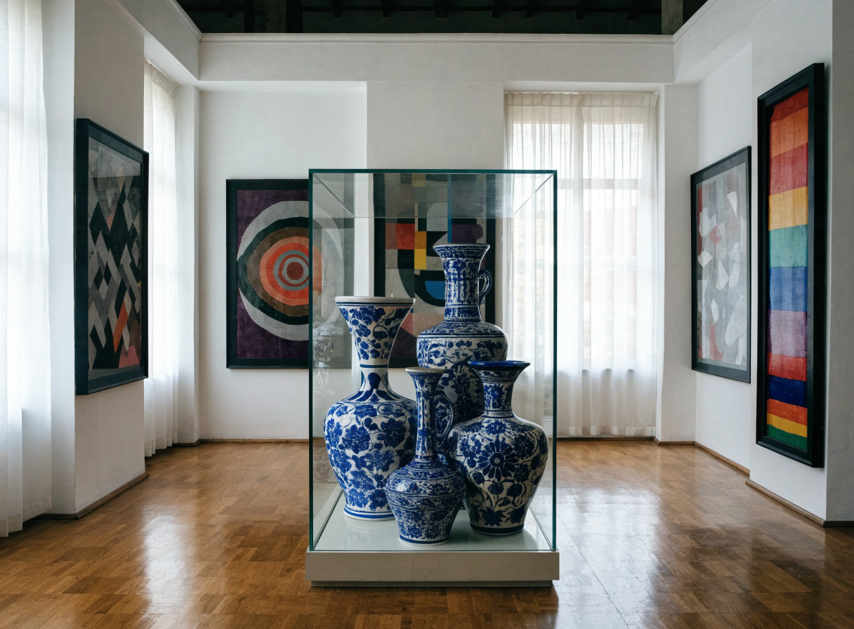 Sala de exposición con vitrina de jarrones de talavera y cuadros abstractos