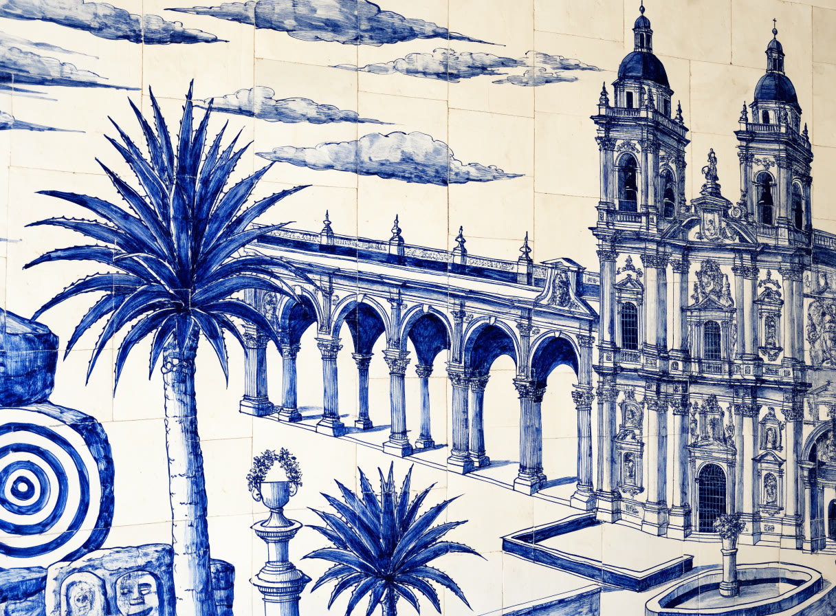 Mural de azulejo azul con arquitectura virreinal, arcadas, palmeras y piezas de piedra