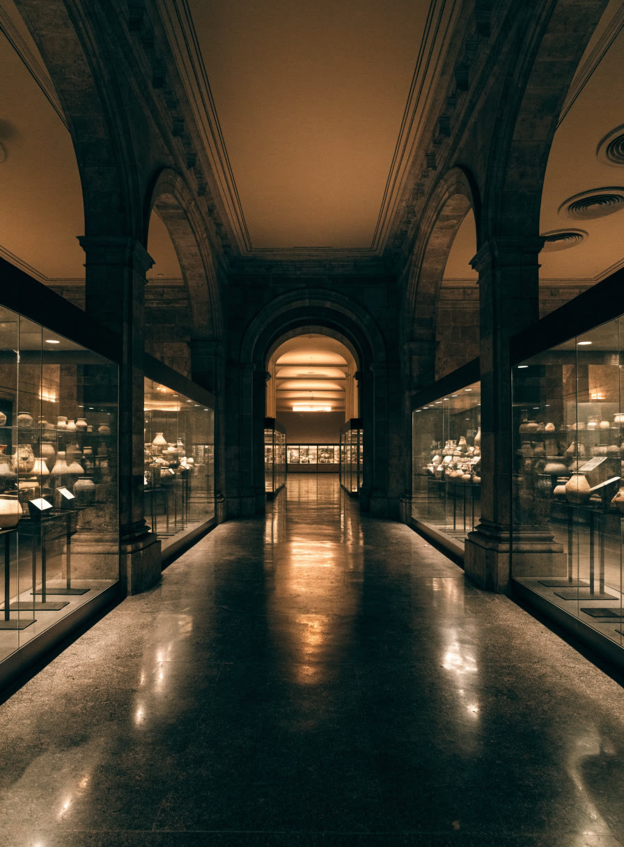Galería del museo vista a través del arco, con vitrinas iluminadas