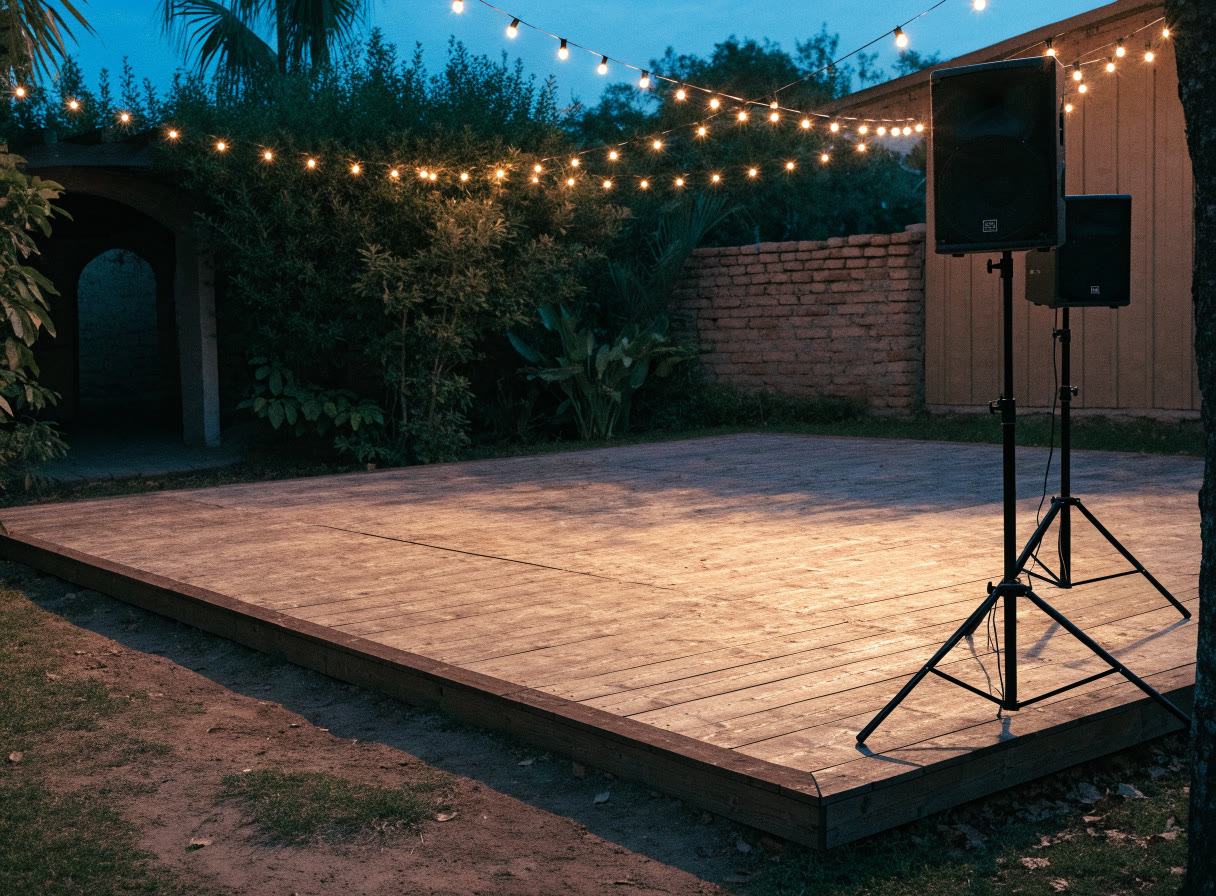 Fiesta en jardín con bocinas en tripié junto a la pista
