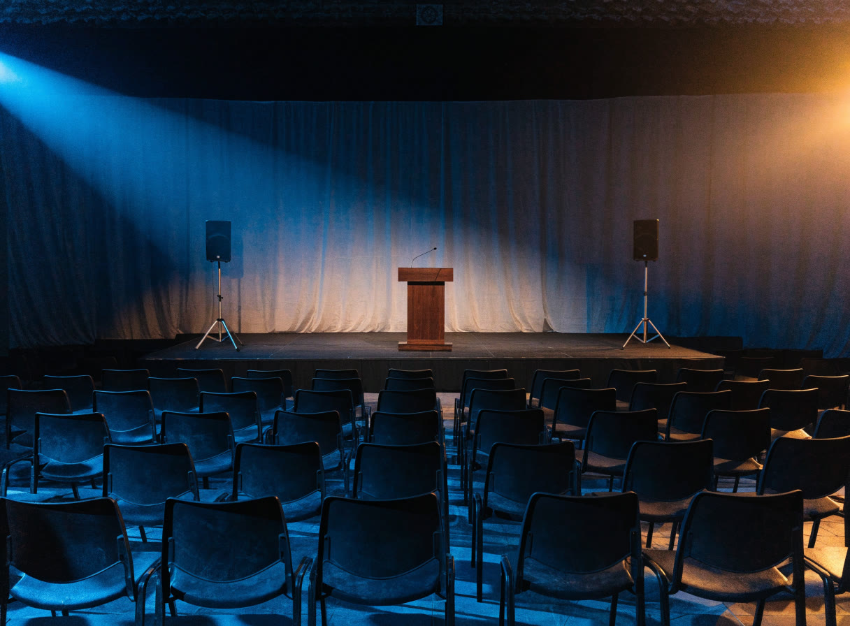 Escenario de evento de empresa con atril, bocinas y luces