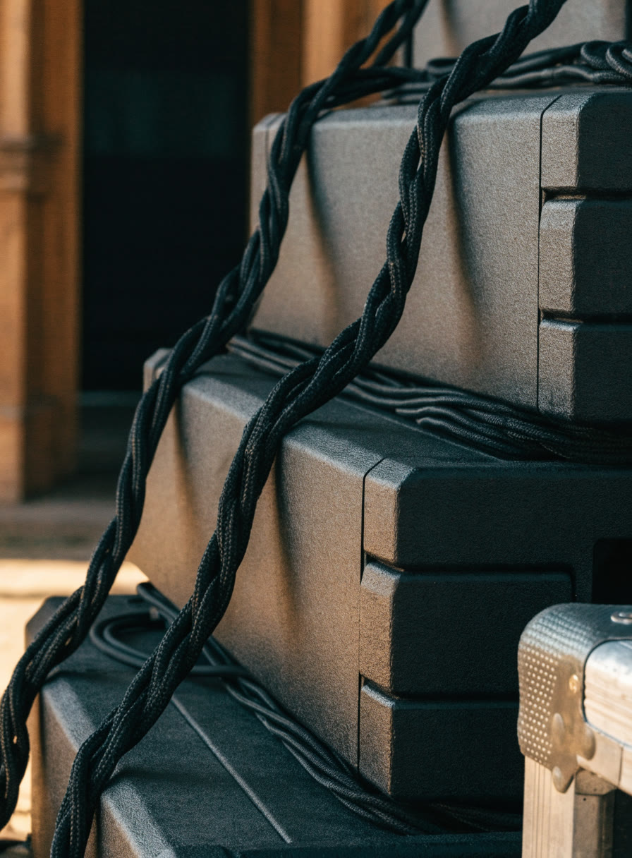 Gabinetes de bocina negros apilados con cables trenzados y un estuche de transporte