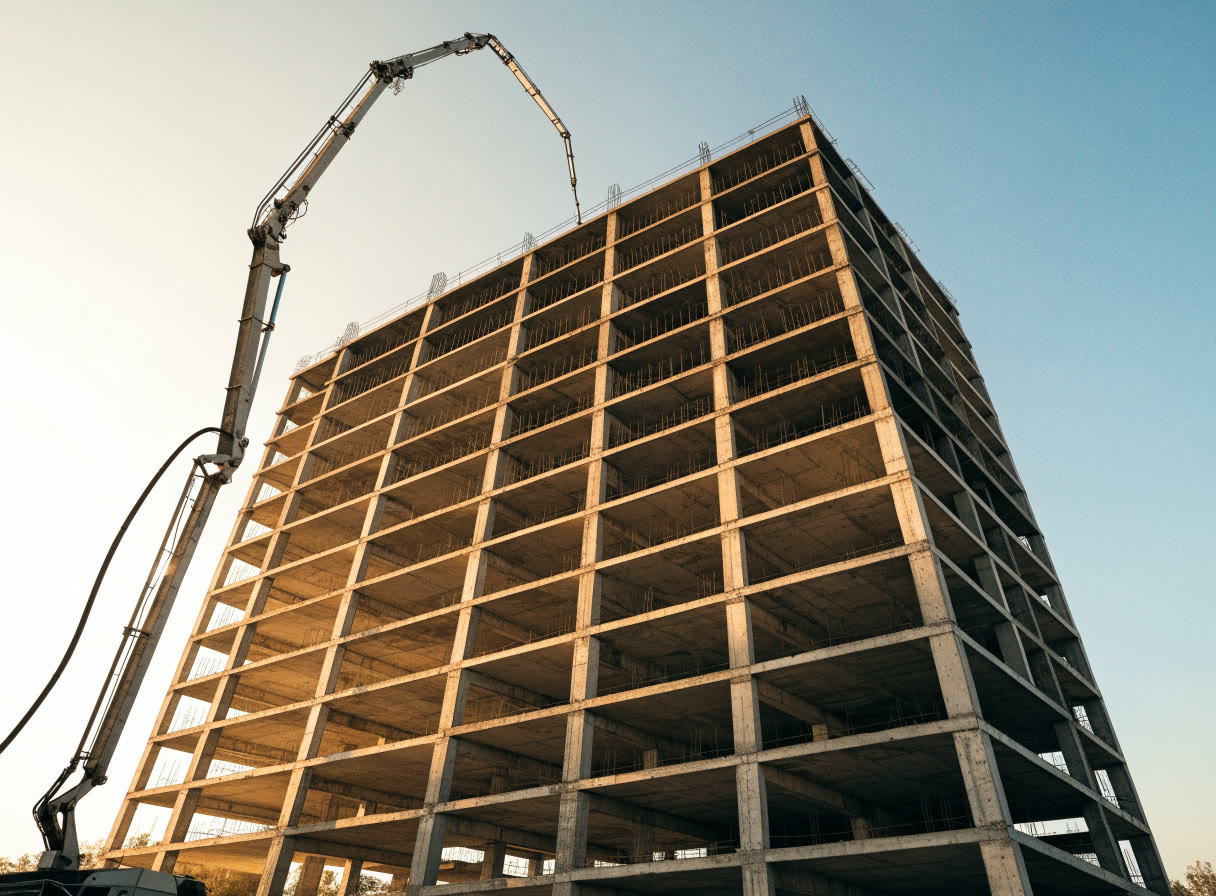 Estructura de concreto de varios niveles con la pluma en el último piso
