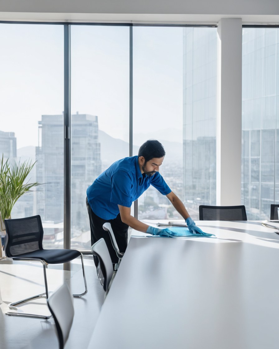 Personal de limpieza atiende una mesa accesible en una oficina iluminada