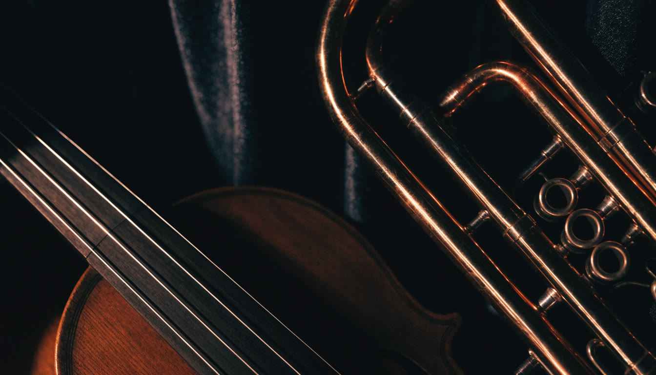 Detalle de válvulas de trompeta y cuerdas de violín