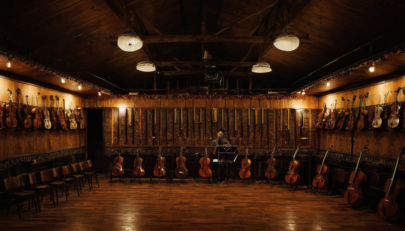 Sala de ensayo con instrumentos en soportes bajo lámparas cálidas