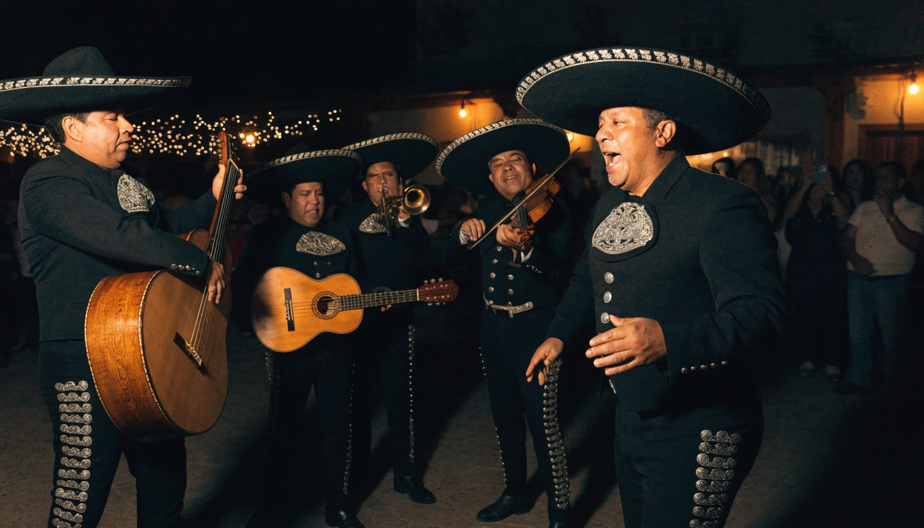 Mariachi en una celebración nocturna con instrumentos de cuerda y trompetas