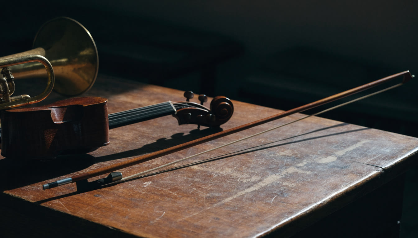 Arco de violín junto a vihuela y trompeta en una mesa de ensayo