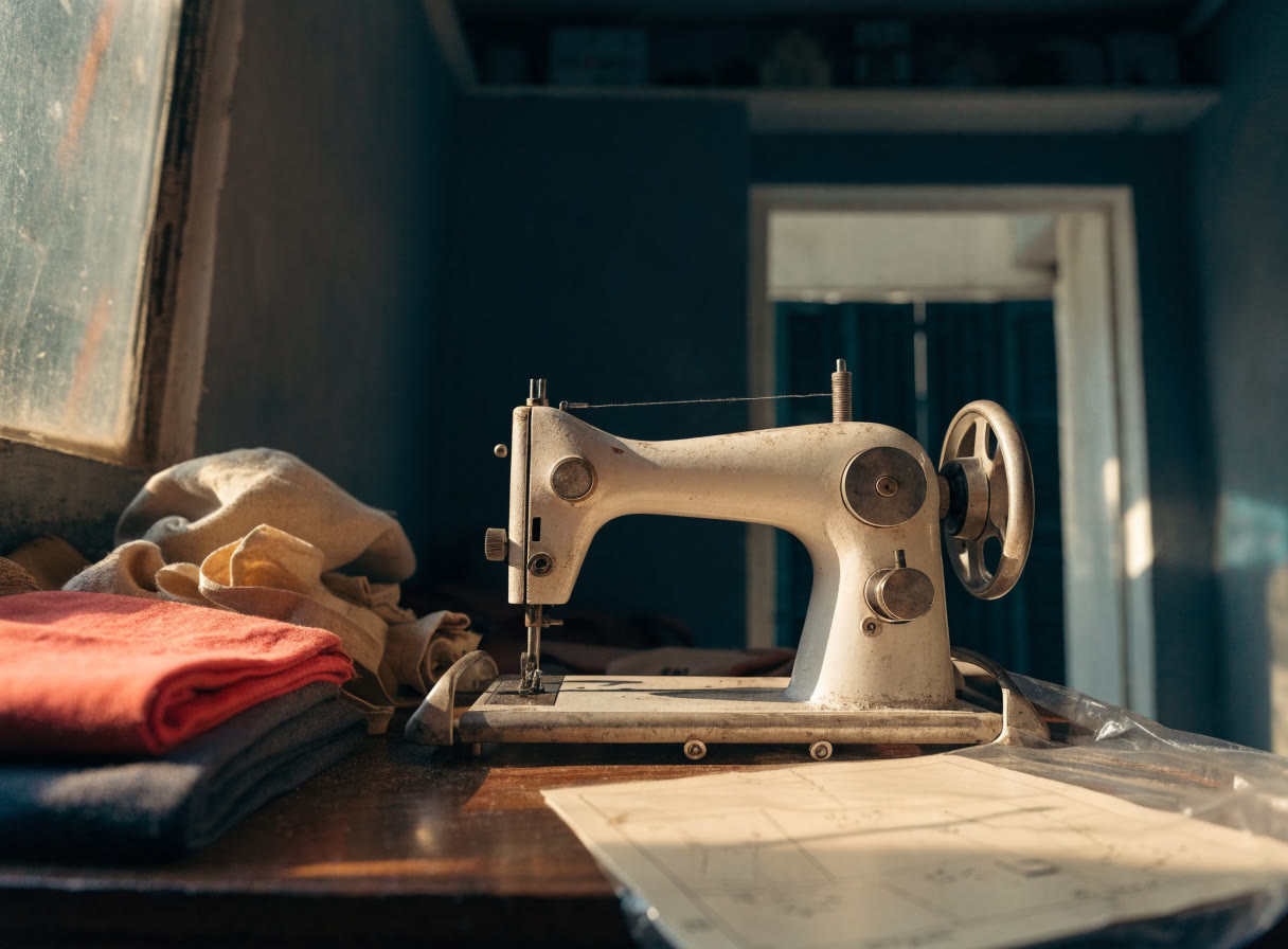 Máquina de coser cuidada junto a tela doblada