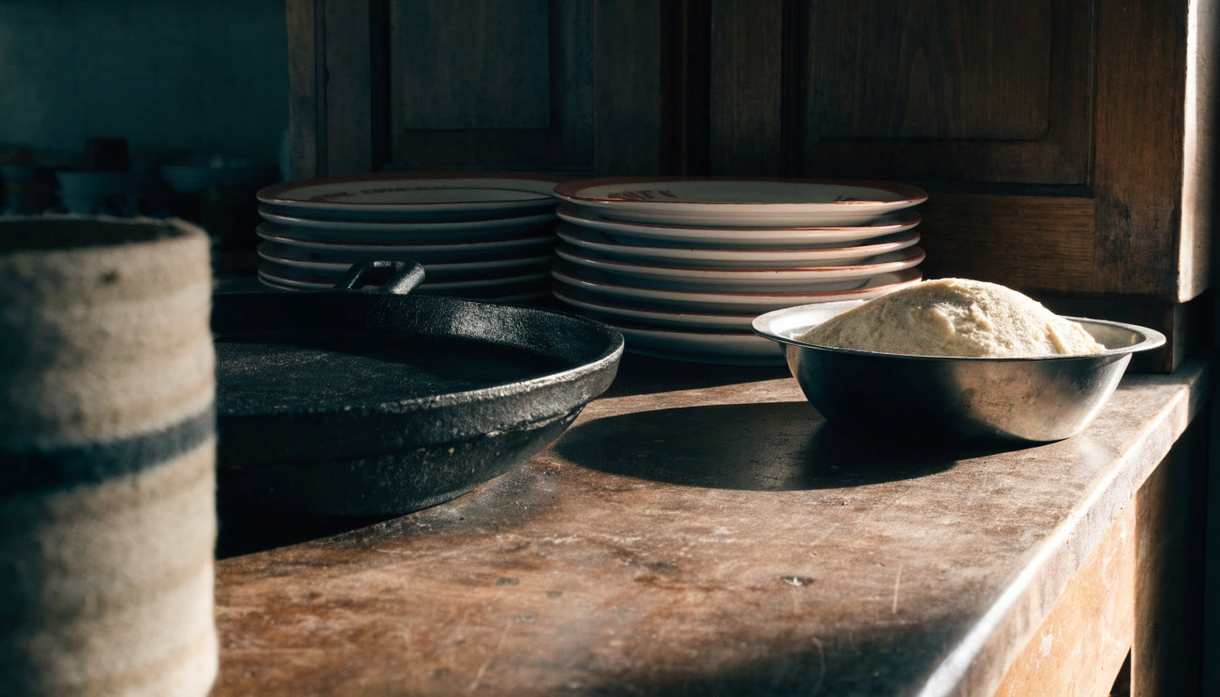 Comal, masa y platos en una cocina de cenaduría
