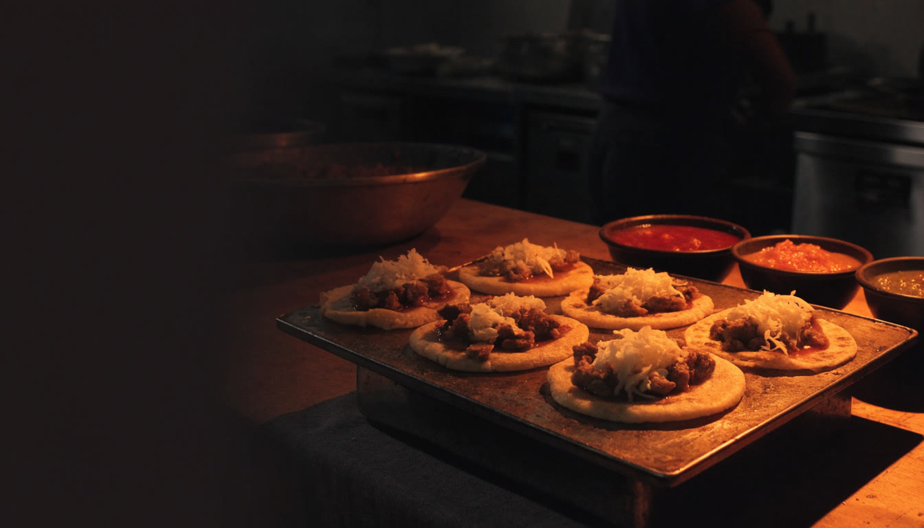 Comal con antojitos de maíz y salsas bajo luz cálida