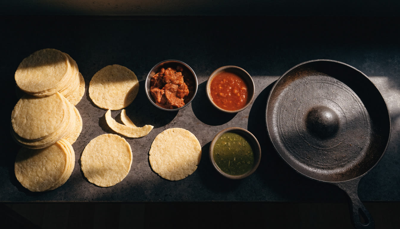 Ingredientes y utensilios ordenados desde la masa hasta el comal