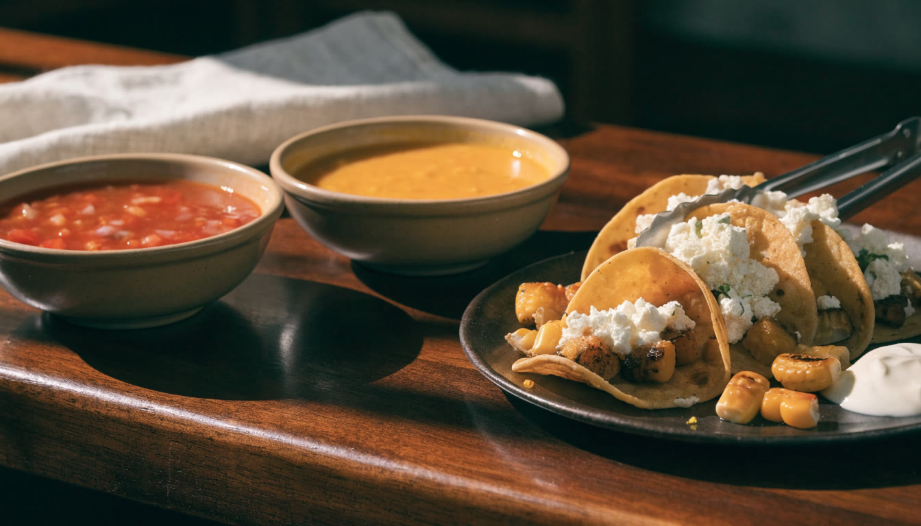 Antojitos y salsas en una mesa de cenaduría