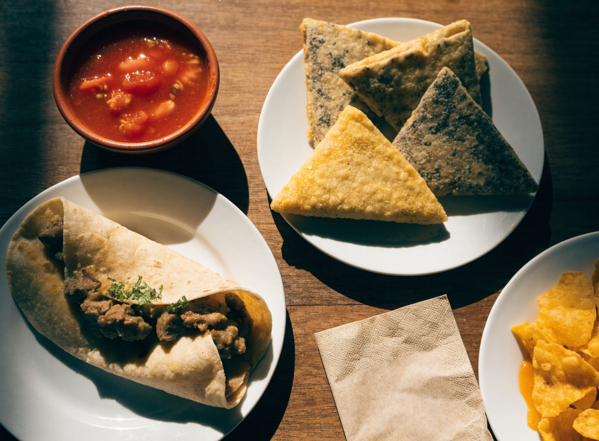Antojitos y salsa servidos en platos sencillos