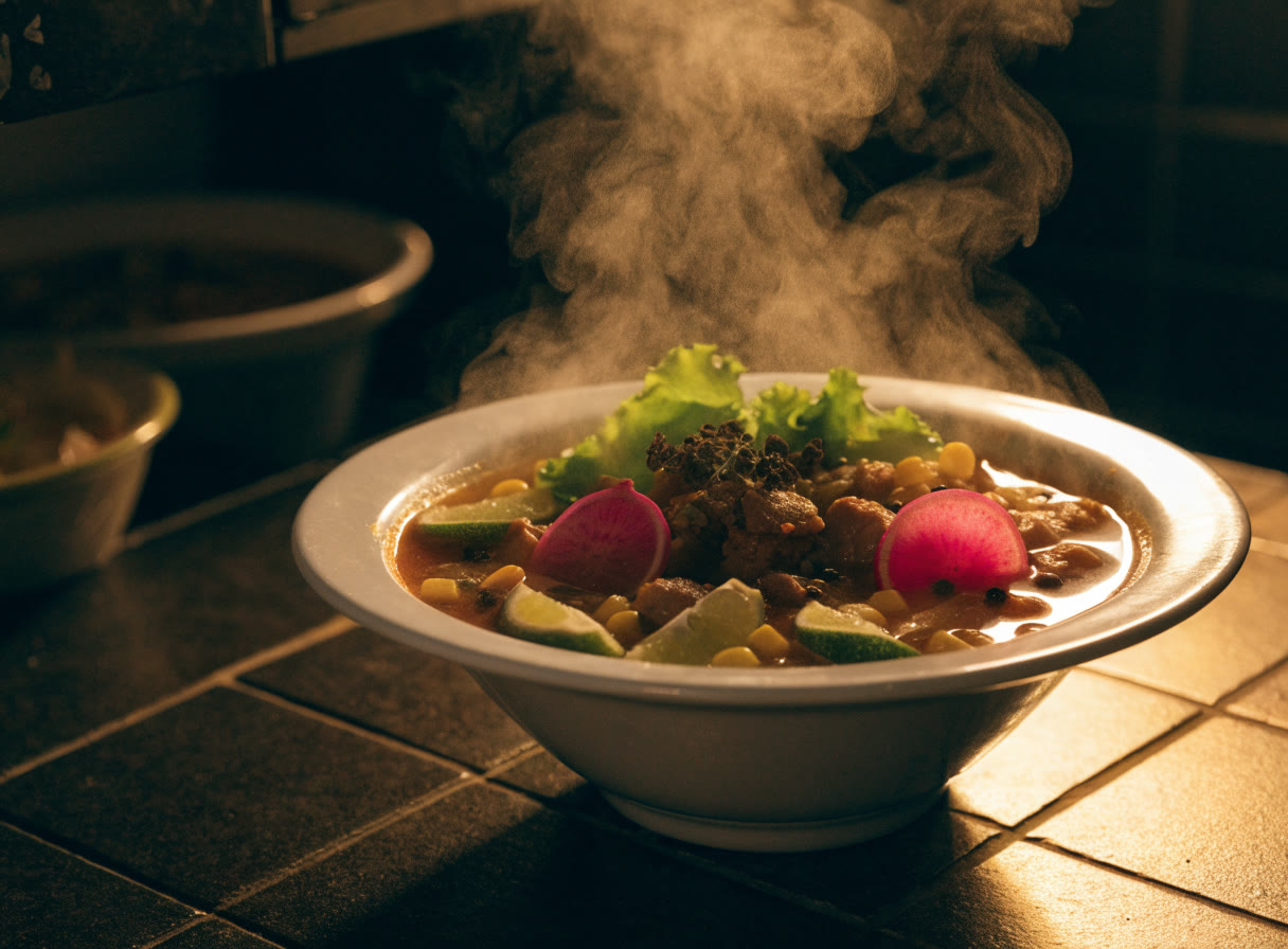 Pozole y platos de temporada preparado como antojito mexicano