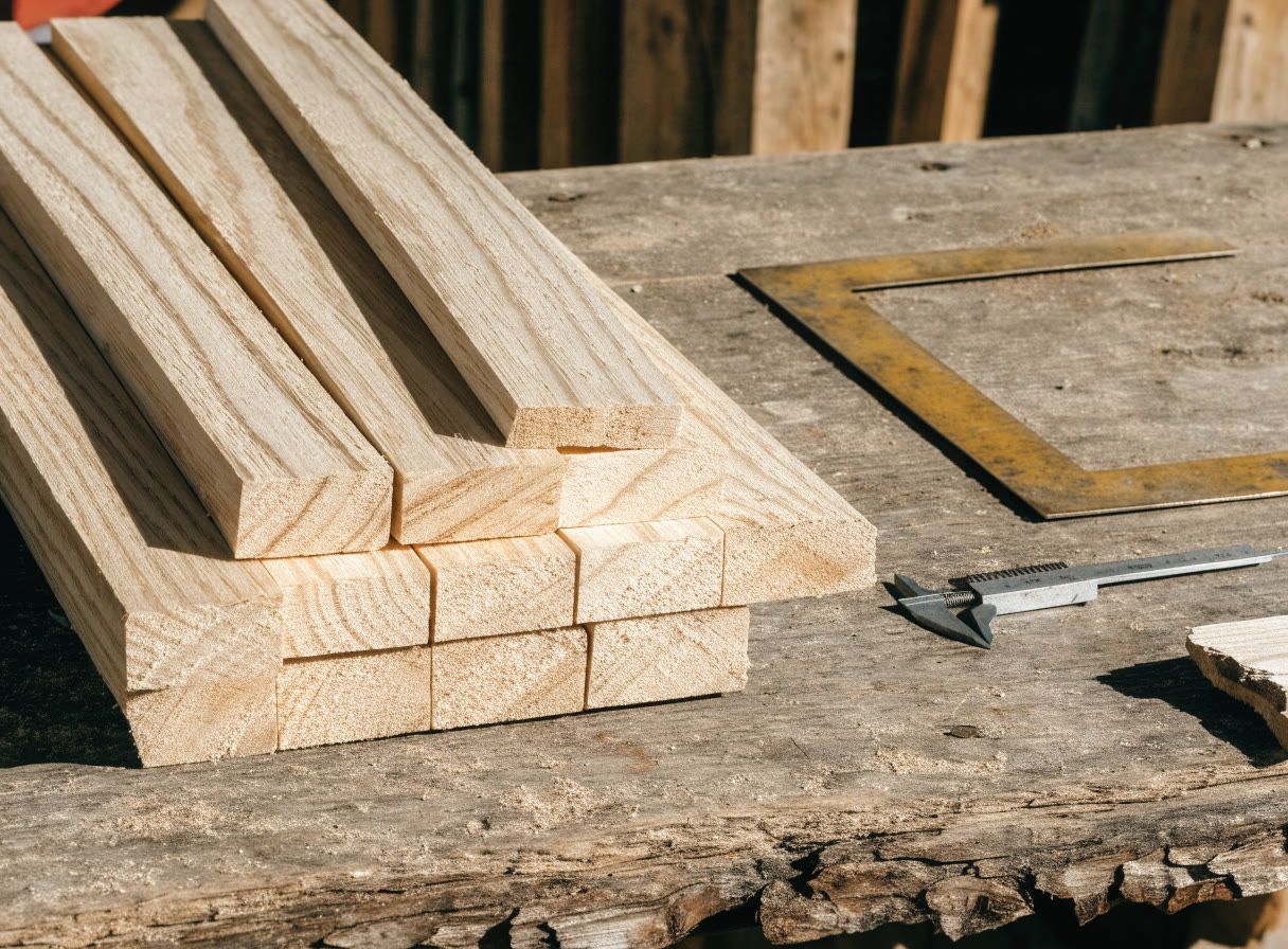 Piezas de madera acomodadas junto a escuadra y calibrador