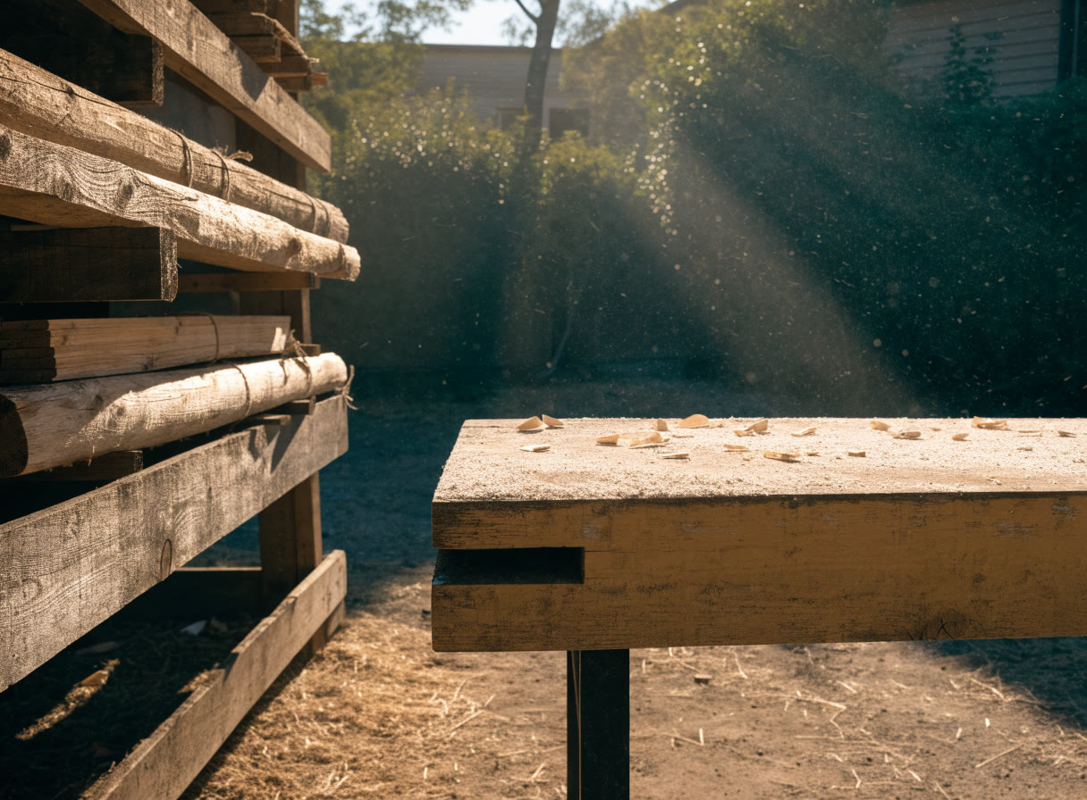 Rincón de taller con banco de madera y virutas ordenadas