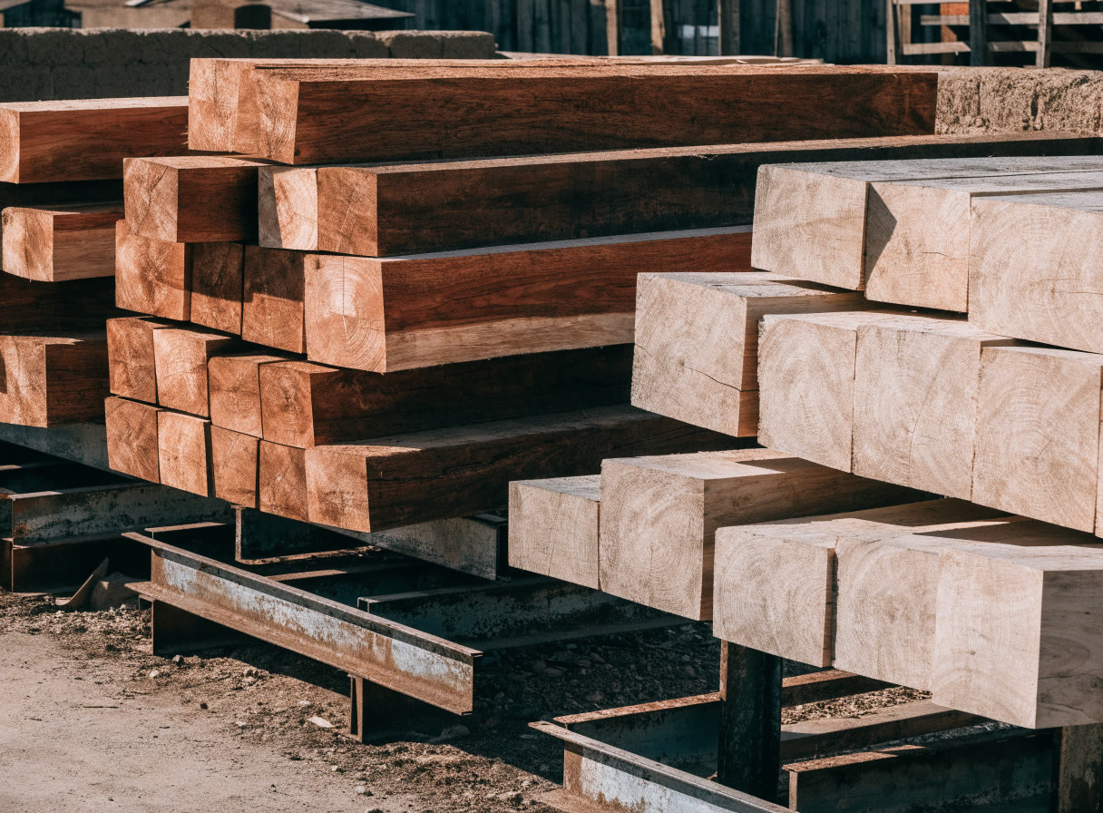 Madera ordenada por tipo y dimensiones en una zona de selección